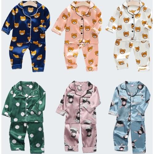 Kids Pajamas Girls Boys Long Sleeves Fall Winter Clothes Cartoon Printed Silk Tops+Pants 2 PCS Sets Children Leisure Suits 1-7Y