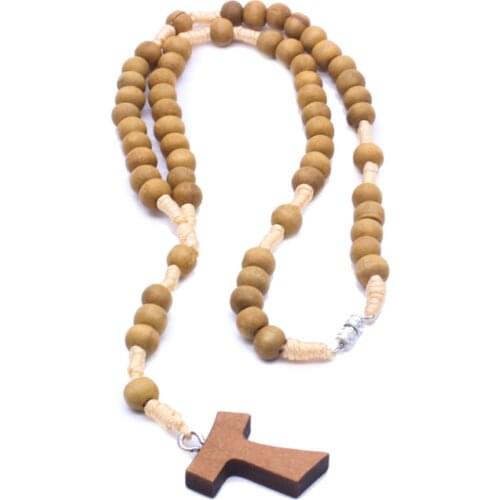 Virgin Holy Christ Wooden Cross Pendant Necklace For Men Women Handmade Catholic Rosary Short Necklace Prayer Beaded Jewelry