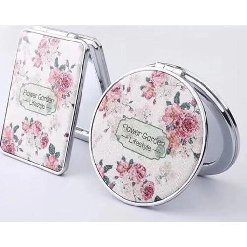 Faux Leather Double-side Folding Makeup Mirror Portable Flower Printed Magnifier