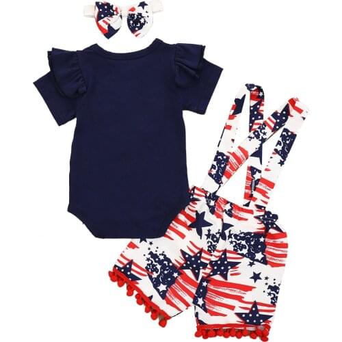 Baby Girl Summer Clothes Fly Sleeve American Flag Print T-shirt Striped Tee Tops+Kid Girls Cotton Stars Suspender Shorts Set