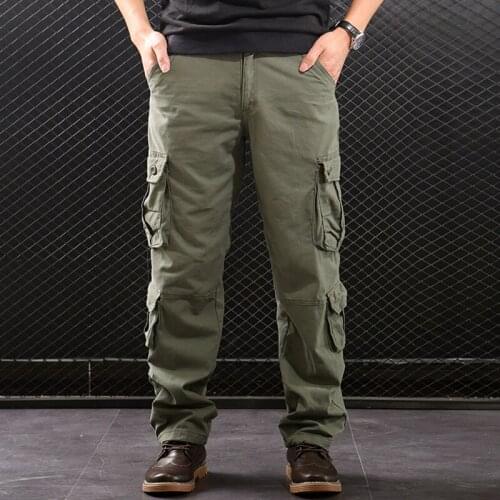 Mens Spring Autumn Trend Loose Straight Leg Multi-pocket Cargo Trousers All-match Cotton Casual Pants