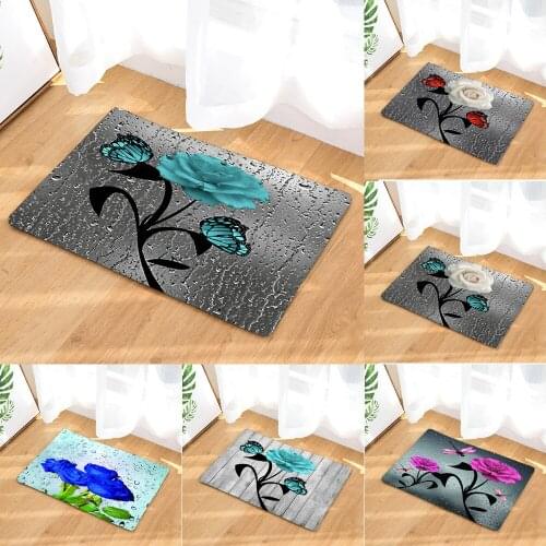 Bathroom Non-slip Mat Flower Blue Rose Butterfly 3D Printed Bath Mat Floor Carpet Flannel Toilet Rug Doormat 45*75CM and 40*60CM