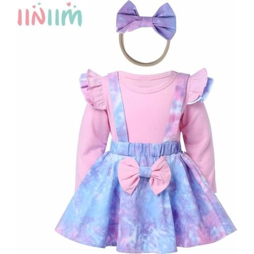 New Year Costumes Newborn Baby Girl Clothes Outfits Puff Long Sleeve Tops Bowknot Suspender Skirt+Headband Kids Clothing Spring