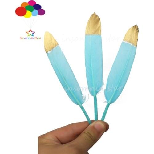 Dyed Sky Blue and Gold Head 100% Natural Goose Feather 10-100pcs 6-8inch/15-20cm for Diy Carnival Costume Mask Headdress Crafts