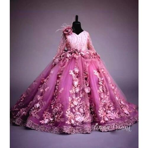 Luxury Beautiful 3d Handmade Flowers Girls Pageant Dress Fluffy Skirt Tulle Kids Prom Gowns Beads Ball Gown Flower Girls Dress