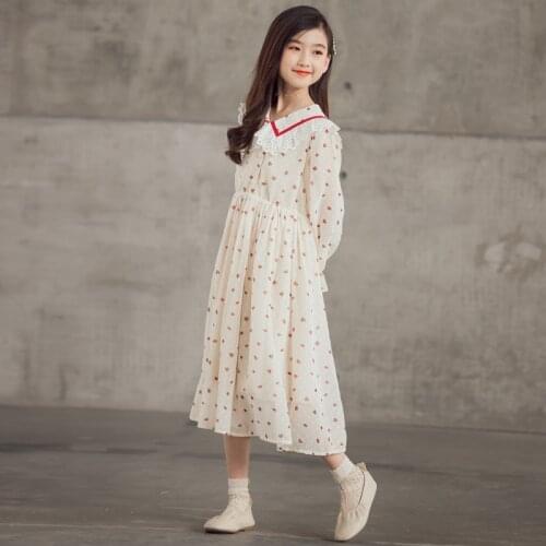 10 12 years Girls Chiffon Print Dress Elegant 2021 Autumn Teenage Girls Sweet Casual Long Dress Muslim Girls Clothes