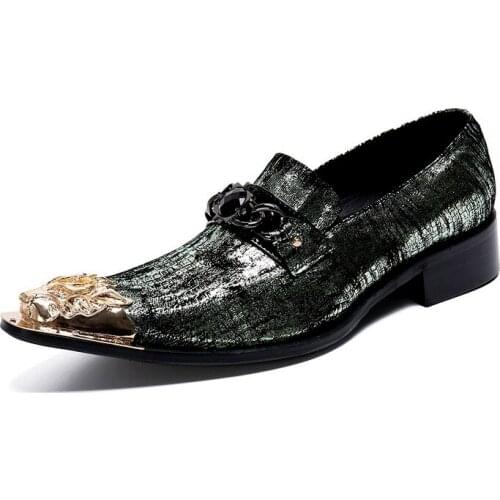 Pointed Toe Dark Green Men Wedding Snakeskin Shoes Mens Genuine Leather Shoe Casual Slip on Dress Suit Shoes High Quality