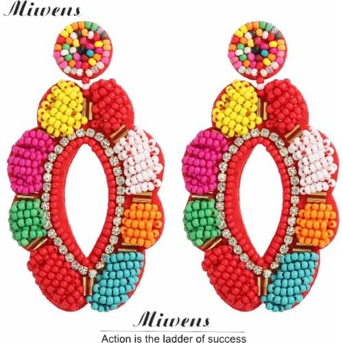 Miwens Unique Handmade Colorful Beads Flower Dangle Drop Earrings for Women Ethnic Beaded Oval Round Pendant Earrings Jewelry