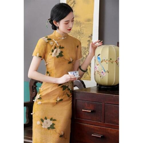 Vintage Women Print Flower Cheongsam Slim Sexy Handmade Button Robe Gown Chinese Style Ladies Evening Party Dress Classic Qipao
