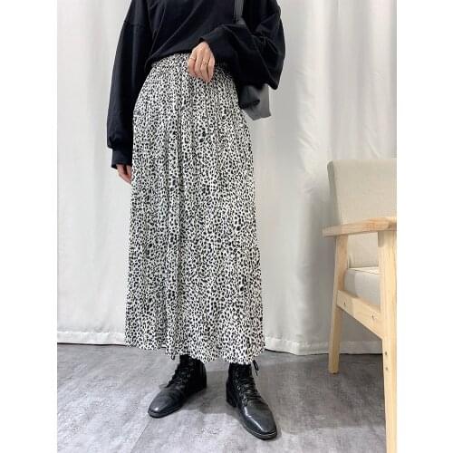 2021 Autumn Leopard Long Skirts Women High Waist Elastic Shirring Fold Printed Pleated Skirt Temperament Lady High Quality Falda