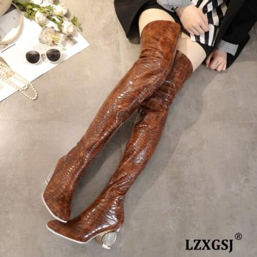 2021 New Fashion Personality Thick Heel Womens Winter High Leather Thigh Boot Women Over-the-knee Lacquer Sexy Waders Boots