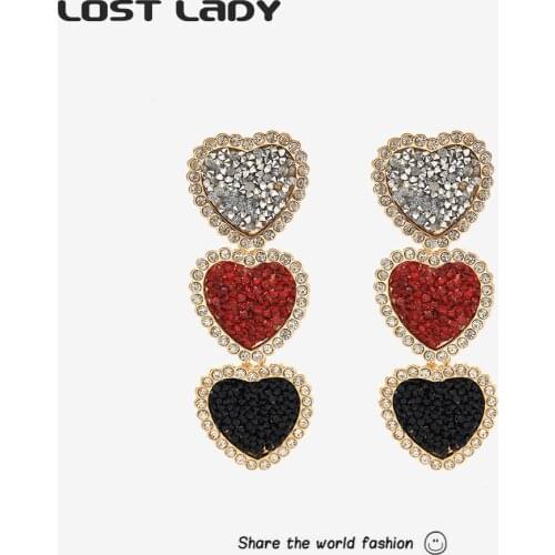 Lost Lady Cute Multicolor Heart Long Tassel Drop Earrings Statement Shiny Rhinestone Earrings for Women Party Jewelry Gift