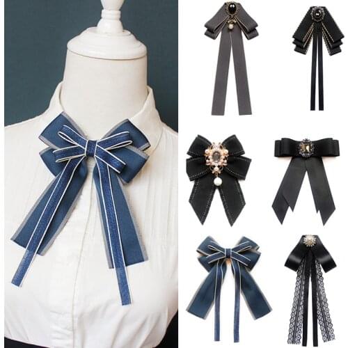 Hand-made Black Ribbon Bow Tie for Women Fashion Crystal Shirt Blouse Bowknot School student Shirt Business Clothing Accessories