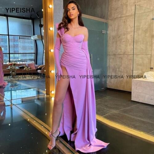 Yipeisha One-shoulder Lilac Evening Dresses with Slit Custom Made Floor Length Wedding Party Dress Vestido de Festa 2021