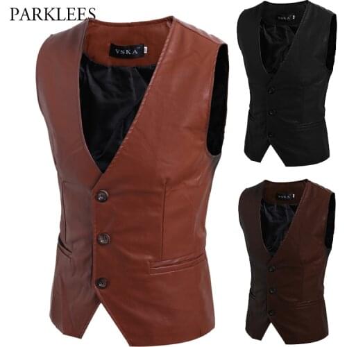 Pu leather Men Suit Vests Slim Casual Business Mens Waistcoat Gentlemen Groomman Wedding Mens Gilet Oversized Retro Vintage Vest