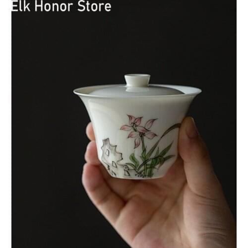 110ml Apricot White Ceramic Tea Tureen Single Cup Pure Hand-painted Orchid Gaiwan Covered Bowl Tea Cup Household KungFu Tea Set