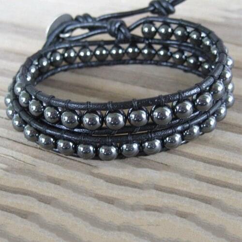 2Layers Gunmetal Hematite Wrap Bracelets for Women 6mm Natural Stone Beads Braided Boho Bracelet Jewelry Friends Gift Homme