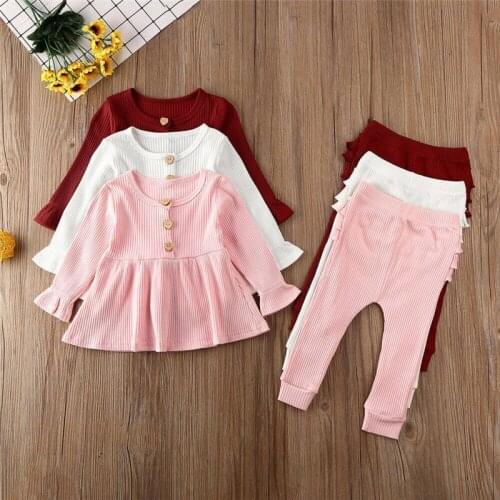 2020 Fashion 0-2Y Baby Girls Clothes Sets Casual Ruffle Long Sleeve Dress Tops+Pants 2Pcs Cotton Autumn Warm Outfit