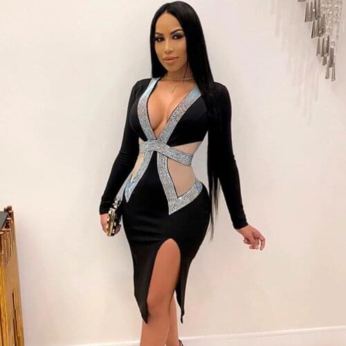 2021 Sexy Deep V-neck Mesh Rhinestones Dresses Women Long Sleeve Split Diamonds Party Dress Red Black Blue Green Large S-4XL