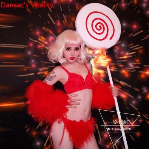 Bar Nightclub Western Female Model DJ Stage Wear Red Fuzzy Sexy High Split Performance Costume Pole Jazz Dancewear Clothes Suits
