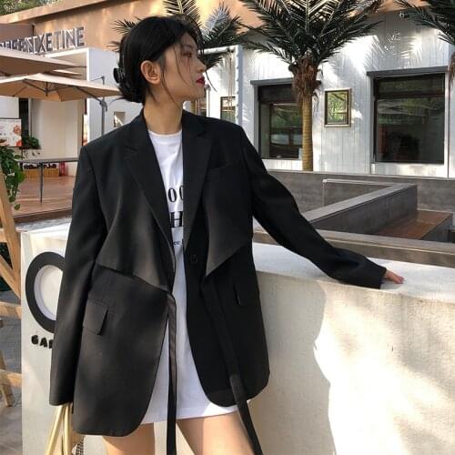 Black Irregular Bandage Women Blazer Spring Autumn 2021 New Lapel Long Sleeve Loose Fit Female Suit Jacket Fashion Manteau Femme