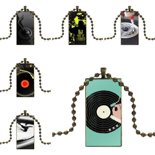 For Women Girls Necklace With Bronze Plated Glass Cabochon Choker Long Pendant Rectangle Necklace Classic Technics Turntables Dj