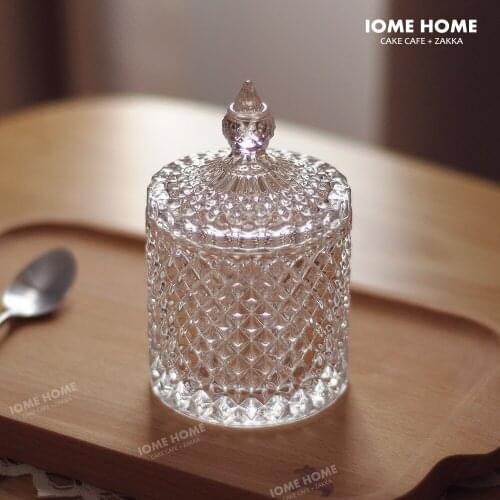 Home Aesthetic Crystal Glass Relief Storage Jar Diamond Pattern Jewelry Swab Box Candy Jar Glass Bottle Decorative Cans with Lid