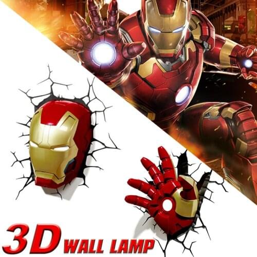 Marvel Cartoon Figure Avengers Creative Wall Lamps Iron Man Face & Hand 3D Bedside Night Light Kids Decoration Mural Aplique