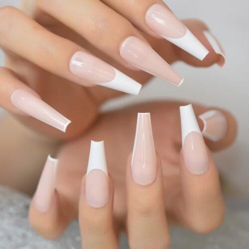 Glossy Pink Nude White French Ballerina Coffin False Nail Super Long Press on Ballet Fake Reusable Women Girl Wear Finger Nails