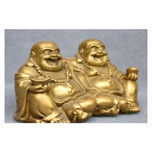 Chinese Buddhism Brass Two YuanBao wealth Happy Laugh Maitreya Buddha Statue