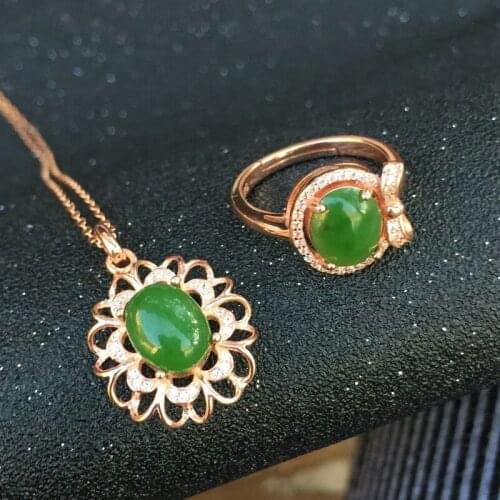 KJJEAXCMY boutique jewels 925 pure silver inlaid natural jasper four-leaf pendant ring 2 sets three-dimensional hollow new class