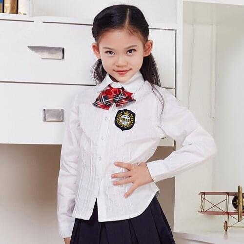 2019 Spring girl lace shirt long sleeved cotton white shirt Lapel all-match leisure round 7-18 year old girl