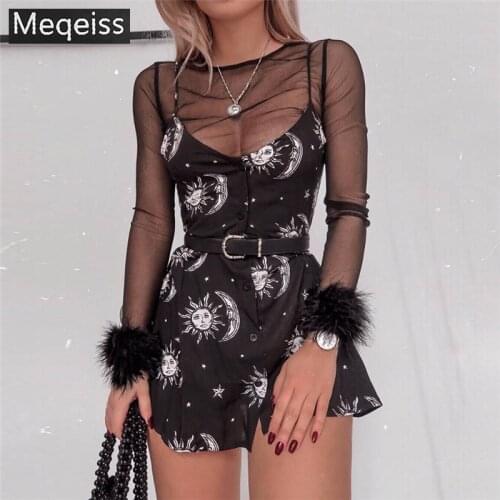 Meqeiss black sun moon star printing Elegant Female spring summer dress new Women dresses loose v-neck sleeveless mini dress