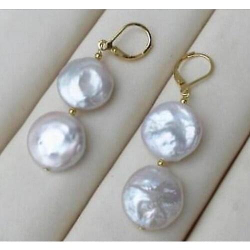 Fashion jewelry Free Shipping Large 13-14mm White Coin Pearl Baroque Earring