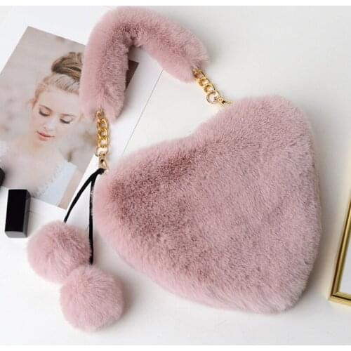 New Women Winter Faux Fur Handbag Lady Heart Shape Hand Bag Female Fashion Phone Purse Teenage Girl Gift Kawaii Party Tote Bags