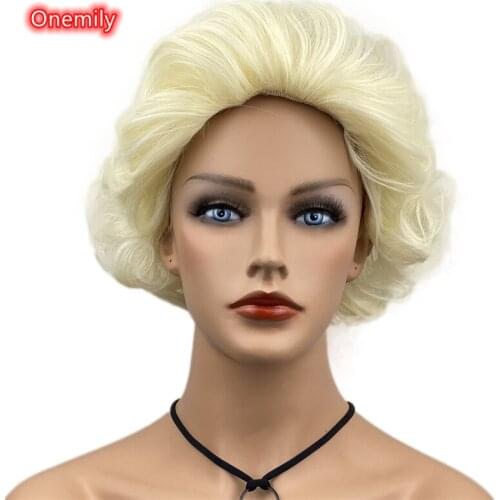 Onemily Pale Blonde Short Wavy Curly Fashion Natural Hair Wig Womens Wigs
