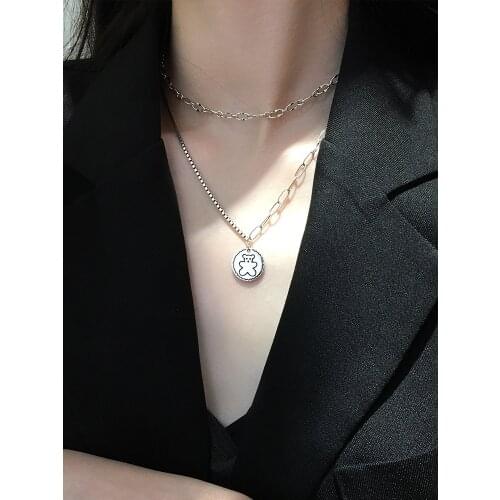 S925 Thai Silver Jewelry with Vintage round Ornament Bear Multi-Layer Clavicle Chain Necklace for Female Birthday Gifts