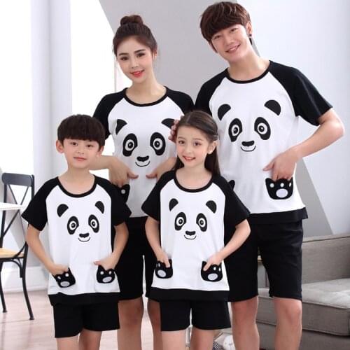 Szie 8-4XL MING New Parent-Child Pajamas Set Summer Short Sleeves Pure Cotton For Boys Girls Women Men Cute Cartoon Home Wear