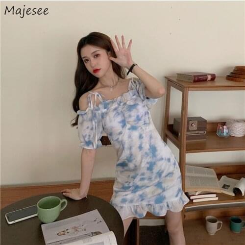 Dress Women Tie Dye Fashion Sexy Off Shoulder Ruffles Short Puff Sleeve Summer Party Holiday Ulzzang A-line Slim Cute Teen Girls