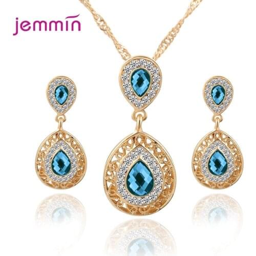 Luxury 925 Sterling Silver Women Bridal Jewelry Set African Water Drop Pendant Necklace/Drop Earrings Parure Bijoux Femme