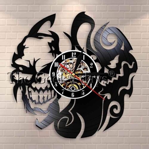 Scary Skeleton Vinyl Record Wall Clock Horror Skull Gothic Halloween Decor Wall Clock Devil Skull Gifts Decorative Wall Watch