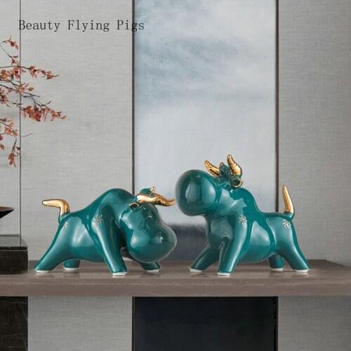 Light Luxury Cute Cattle Sculpture Decorations Lucky Money Ceramics Crafts Living Room TV Cabinet Desktop Ornaments Home Decore