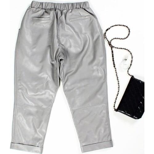 2020 Spring Harem Elastic Waist Streetwear Vintage Women Trousers Casual Sexy Genuine Leather Pants