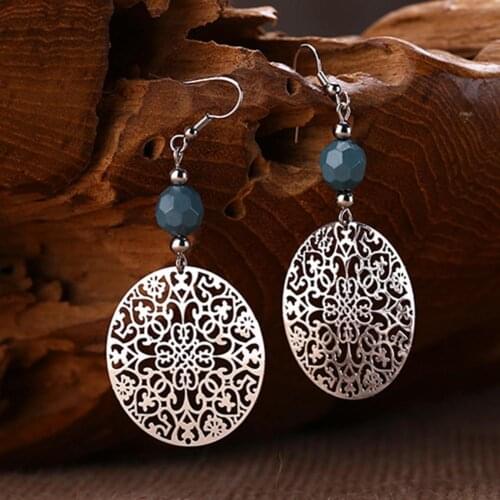 Vintage Women Necklace Round Hollow Flower Pendant Hook Earrings Tribal Jewelry Gift Jewelry Aceessories