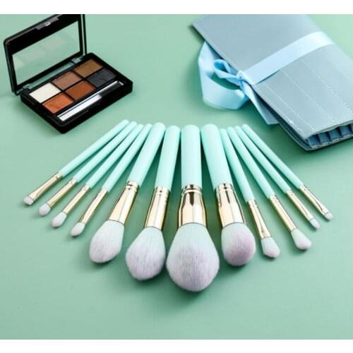 Top quality 12pcs makeup brushes with wooden handle and nylon hair aluminum tube beauty tools Loose powder foundation eye brush