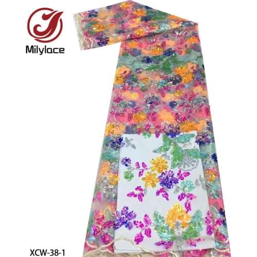 High Quality African Lace Fabric French Net Embroidery 3d Sequins Tulle Lace Fabric for Nigerian Party Dress XCW-38