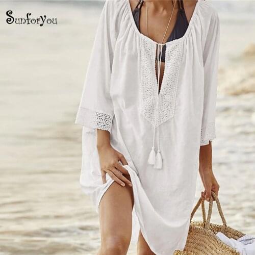Swim suit cover up Lace Saida de Praia Feminino 2021 Tassel Beach Cover up Cotton Pareos de Playa Mujer Beach Dress Tunic