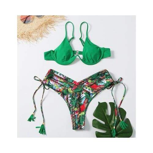 Women Boho Green Two Pieces Swimsuits 2021 Girl Beach Bathing Suit Swimwear Mini Underwired Push Up Sexy Thong Bikinis