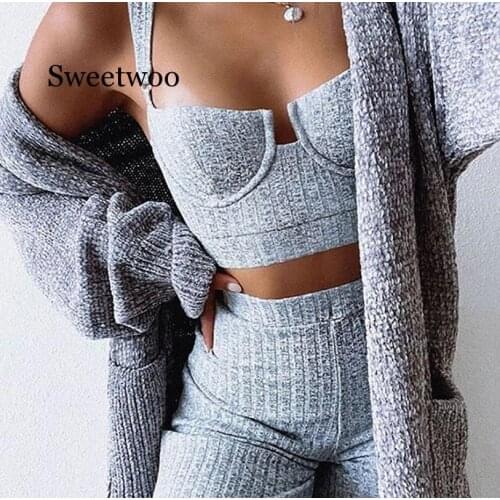 SWEETWOO White Two Piece Set Women Knitted Tracksuit Sleeveless Strapless Crop Top And Pants Sexy 2 Piece Sets Womens