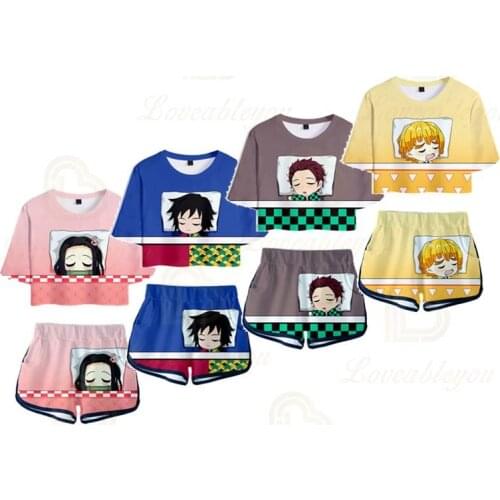 2020 Summer Cropped T-shirt Shorts Set Female Cartoon Demon Slayer 3D Print Short-sleeved Cropped Two-Piece Set Female